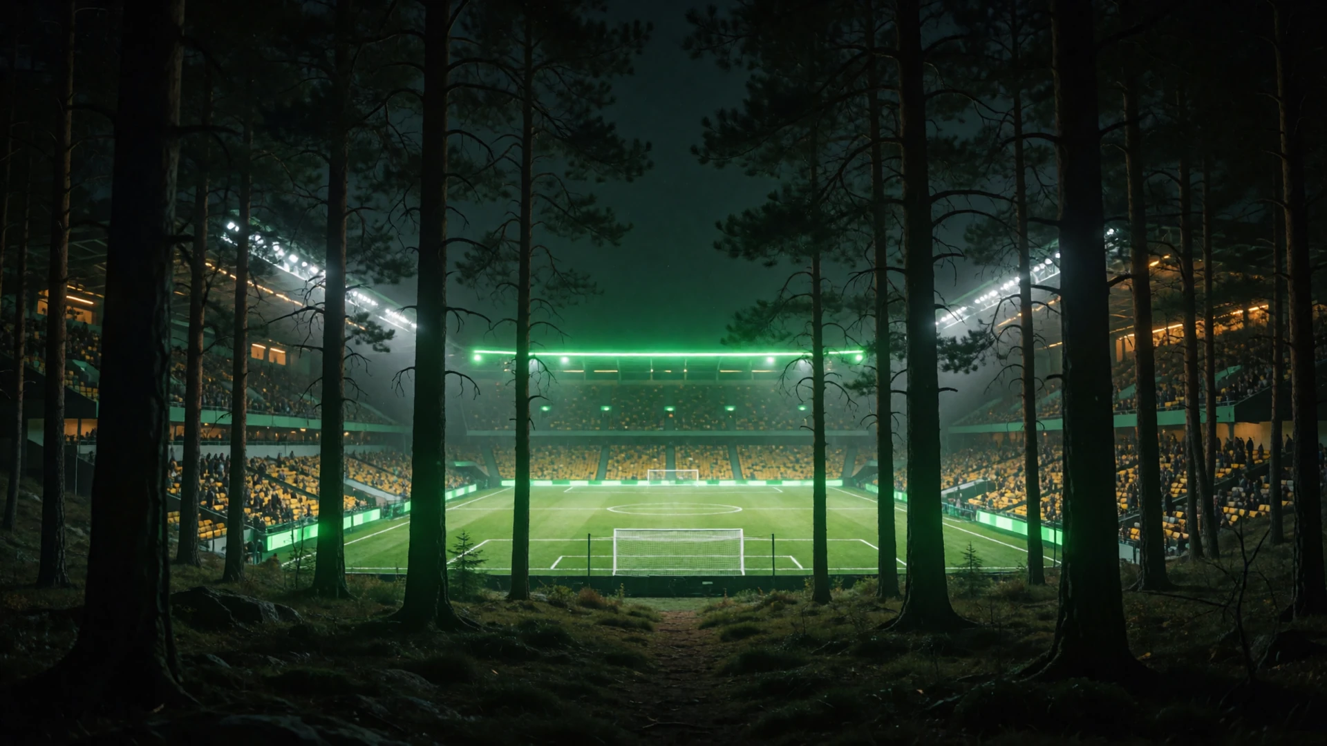 Dunkler Kiefernwald &uuml;ber einem hell erleuchteten Fu&szlig;ballstadion bei Nacht - WildRobin Sportwetten Abenteuer