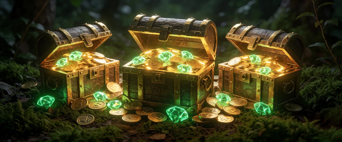 Drei gl&uuml;hende Goldtruhen mit Goldm&uuml;nzen und neongr&uuml;nen Edelsteinen auf moosigem Waldboden - WildRobin Willkommensbonus