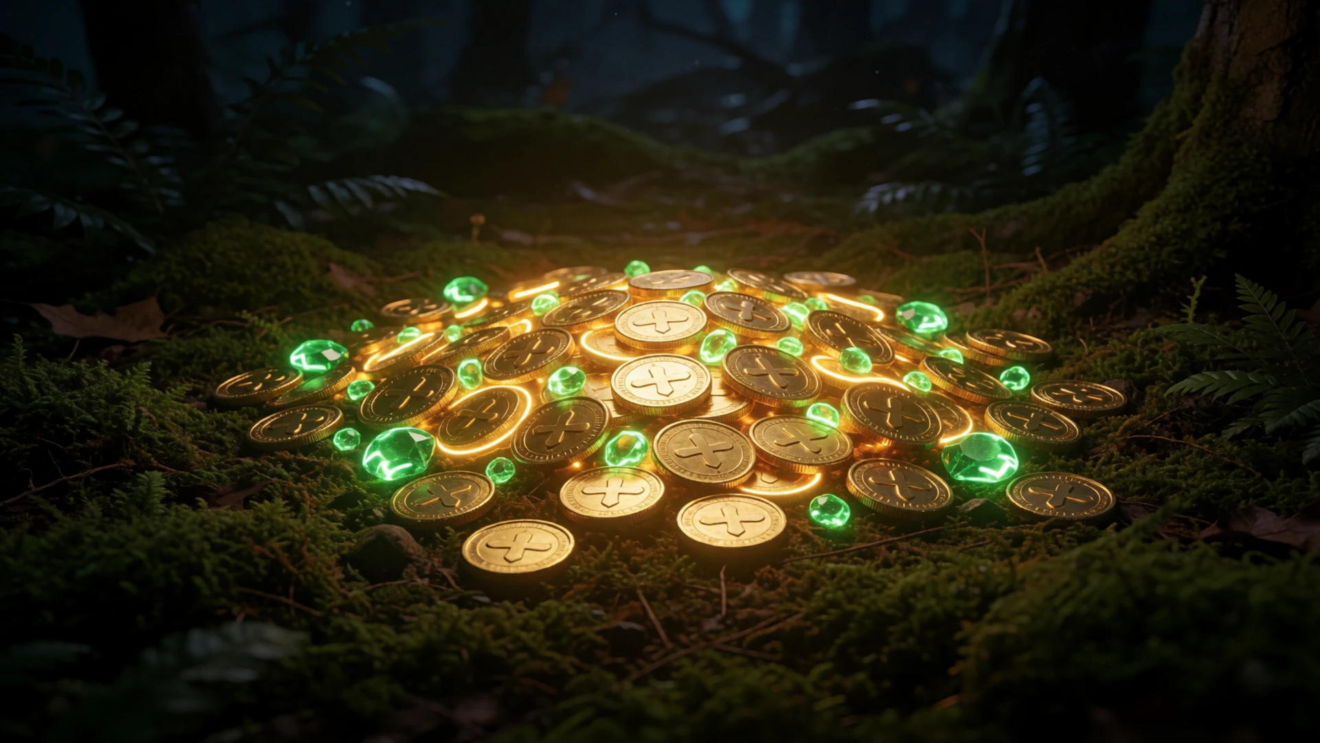Goldm&uuml;nzen und neongr&uuml;ne Edelsteine auf moosigem Waldboden im Mondschein - WildRobin Casino Bonus
