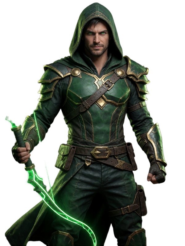 Robin-Hood-Modell im Abenteurer-Outfit mit gl&uuml;hendem Bogen - WildRobin Casino Maskottchen
